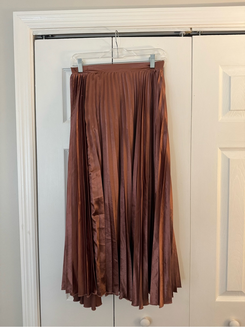Pleated Satin Midi Skirt in Copper Brown